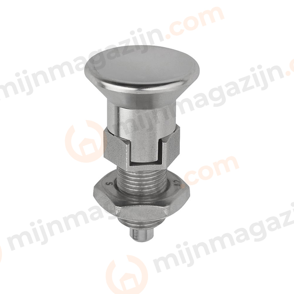 Indexbout met blok. M12 x 1,5 stift 6mm RVS knop